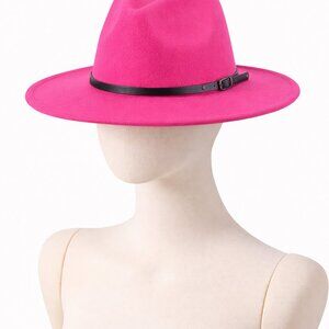 Pink Belt Buckle Trim Wide Brim Felt Hat